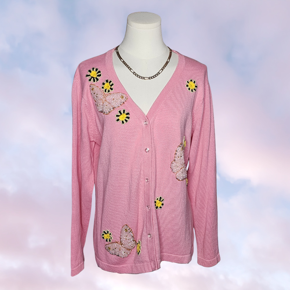 Vtg 80 90s Storybook Knit Pink Yellow Butterfly Flower Coquette Spring Sweater M